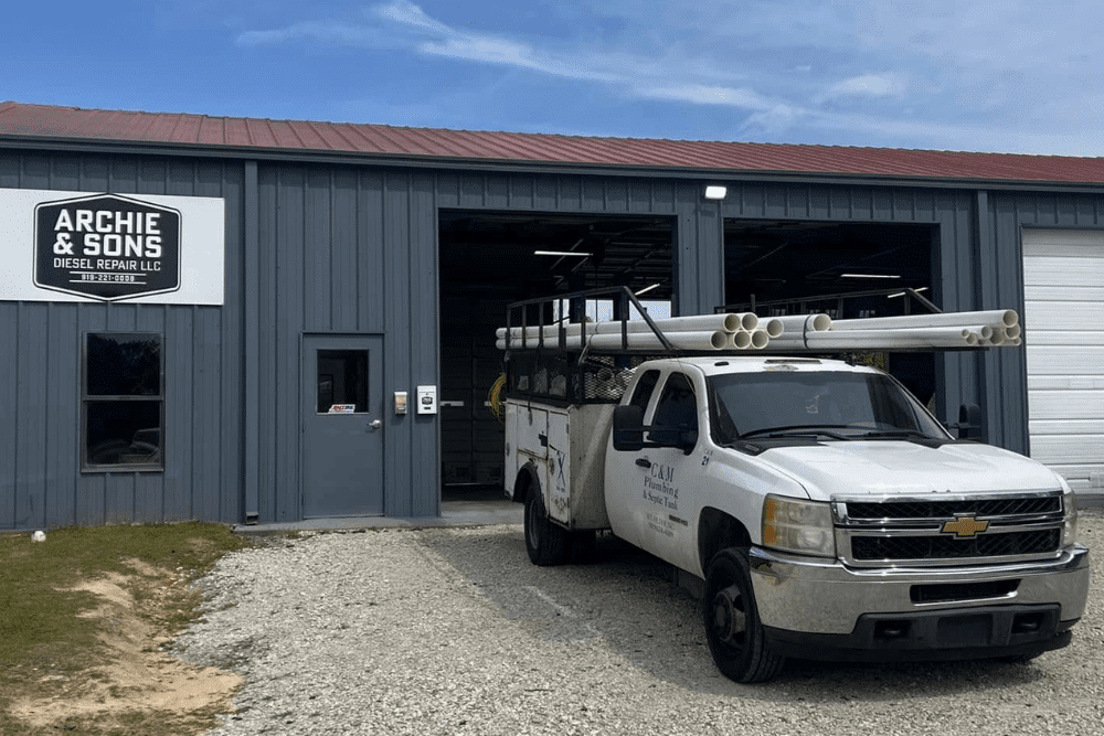 Diesel repair & fleet service in Goldsboro, NC by Archie & Sons Diesel Repair. Image of the shop exterior with a service truck parked outside, showcasing their commitment to professional diesel repair services in the local community.