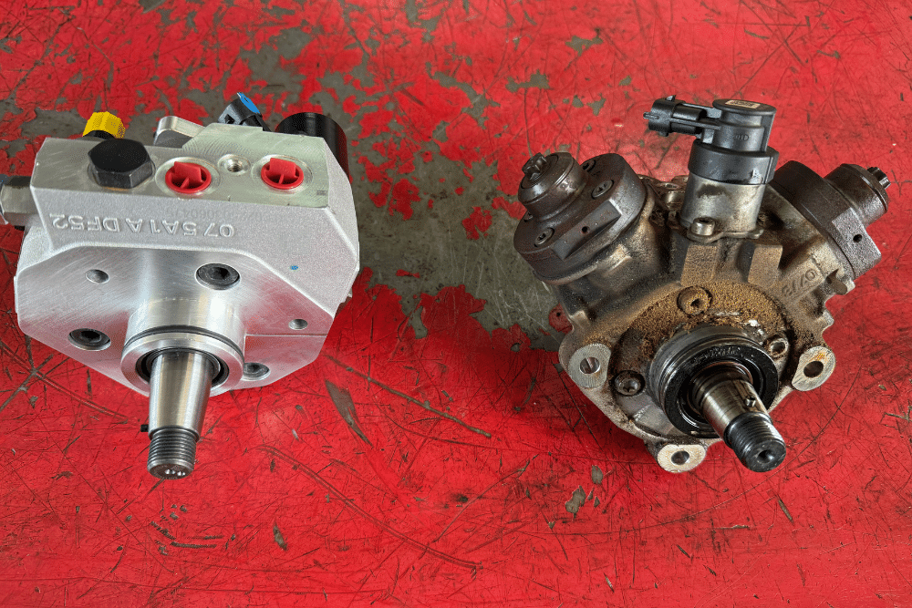 DCR vs CP4. Powerstroke diesel engine repair in Goldsboro, NC by Archie & Sons Diesel Repair. Image of a side-by-side comparison between a worn CP4 fuel pump and a new S&S Diesel DCR pump.